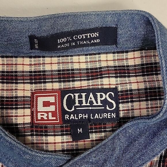 Chaps Ralph Lauren Men's Button Down Long Sleeve Plaid Denim Collar  Vintage 90s - Picture 8 of 9